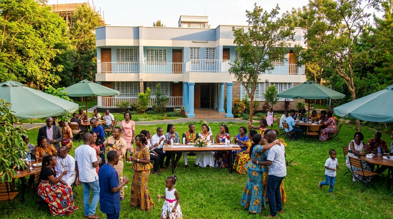 Guests celebrating at a garden wedding at NET Resort