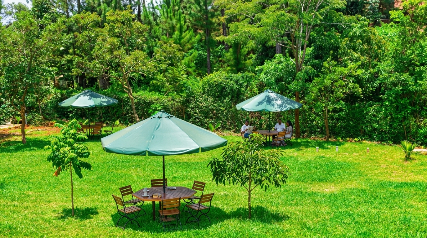 Lush garden with seating at NET Resort — an ideal setting for a wedding celebration